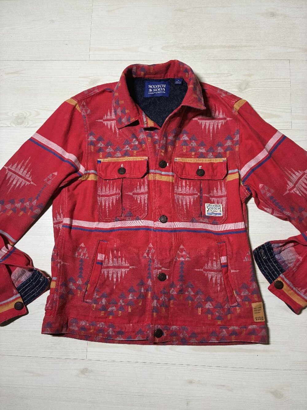 Scotch & Soda Ikat Jacquard Denim-Detailed Workwear Jacket Muted Red Size M